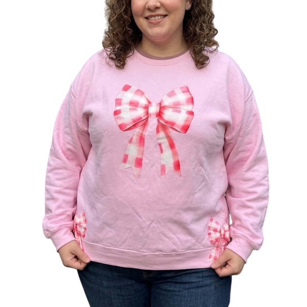 Jerzees NuBlend Pink Gingham Bow Sweatshirt Side Slit Hem Coquette Pullover